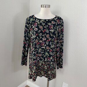 J Jill Womens Medium Black‎ Floral Long Sleeve Tunic Top Rayon Shirt